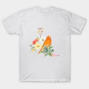 Blooming Flowers and Orange Color parrot Colorful Art T-Shirt